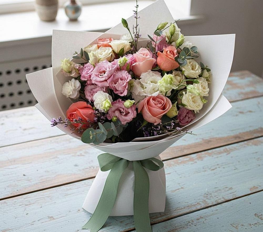 Букет цветов из: Розы, Лизиантусы и Гвоздики в Зеленый Бор