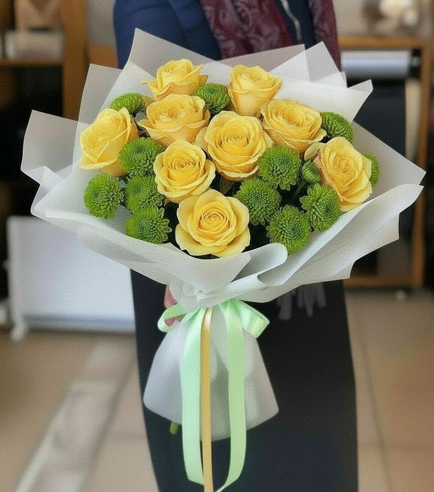 Букет цветов из: Хризантемы и Розы в Зеленый Бор