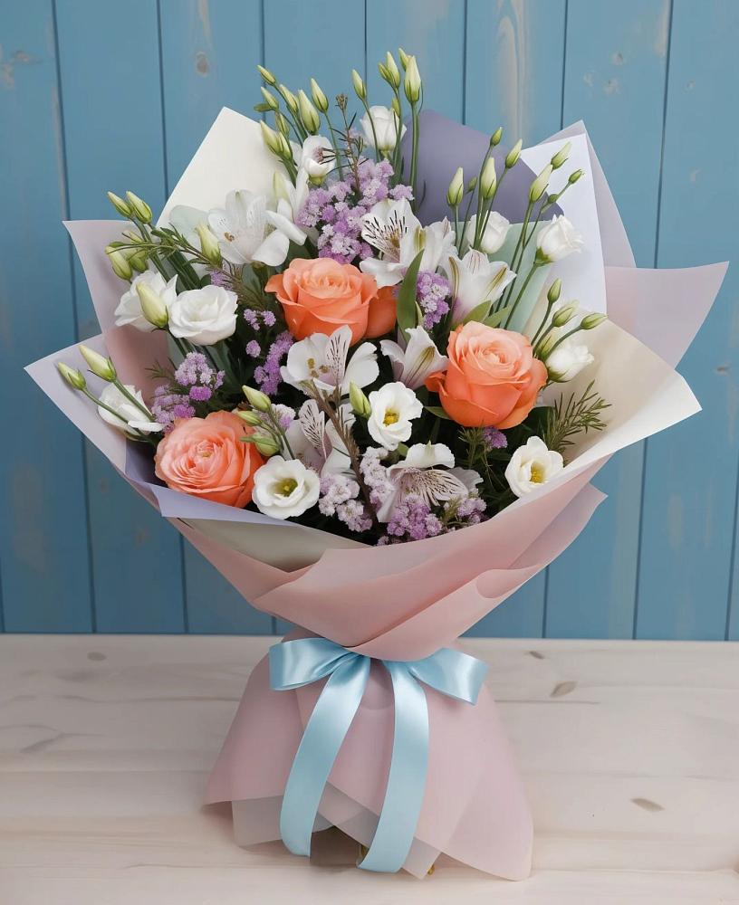 Букет цветов из: Лизиантусы, Розы, Альстромерии и Гипсофила в Зеленый Бор