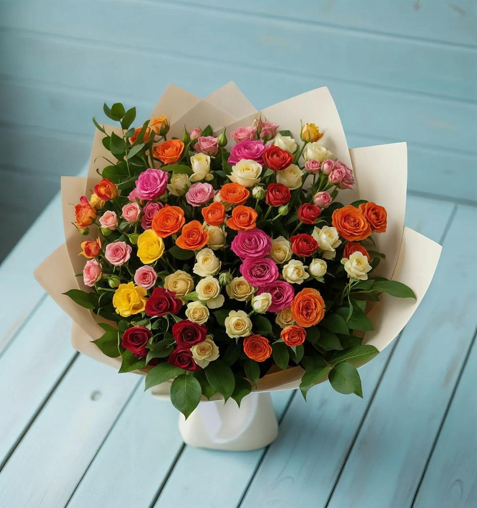 Букет Микс из разноцветных кустовых роз в Зеленый Бор