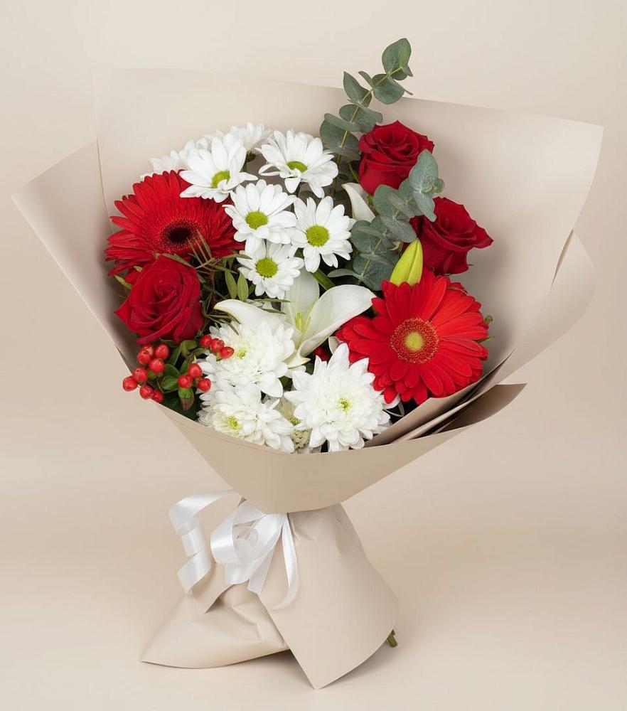 Букет цветов из: Розы, Хризантемы, Герберы и Лилии в Зеленый Бор