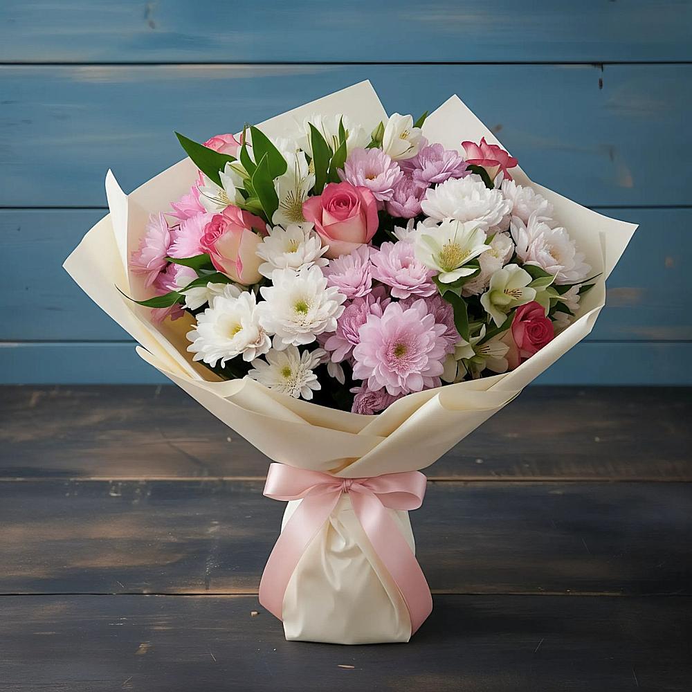 Букет цветов из: Хризантемы, Альстромерии и Розы в Зеленый Бор